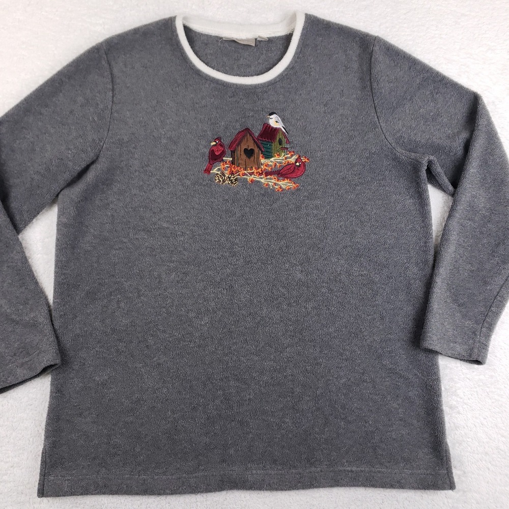 Croft & Barrow Gray Fleece Sweatshirt Embroidered Birds Birdhouse L Grandma Fall